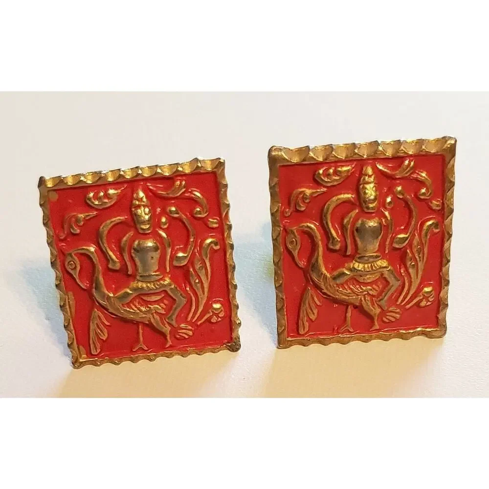 Beautiful‎ Goddess & Swan Red Cuff Links Enamel Unisex Oriental Asian Motif cl-